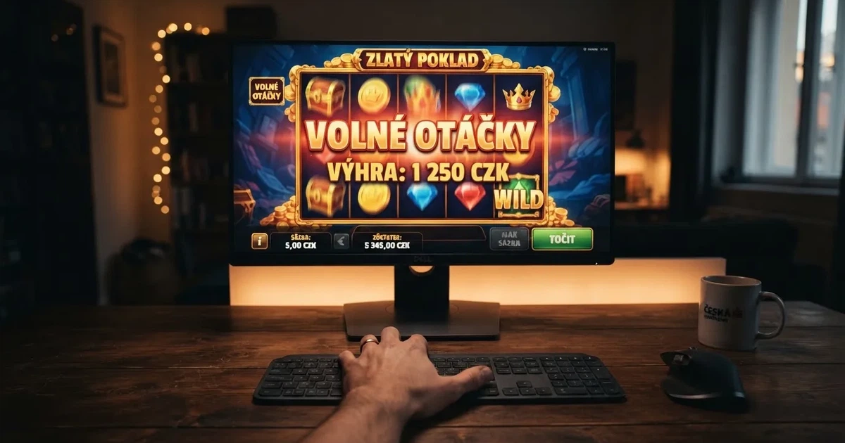 Herní automat s roztočenými válci a nápisem „Free Spins“ na obrazovce počítače