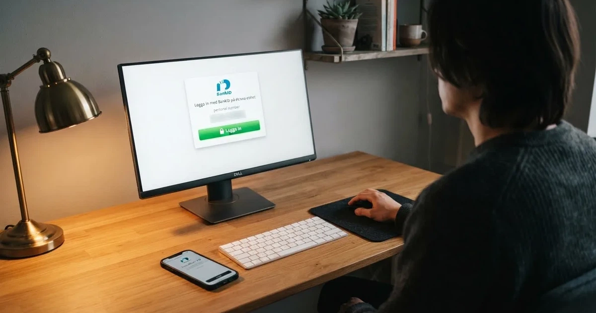 BankID přihlašovací obrazovka na monitoru, vedle něj mobil s potvrzovací SMS — ověření identity v českém online casinu