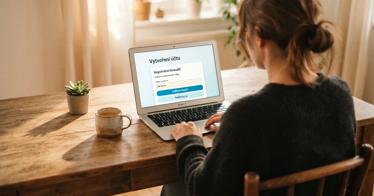 Hráč u počítače si prohlíží registrační formulář českého online casina, na obrazovce je vidět pole pro ověření totožnosti a ikona BankID.