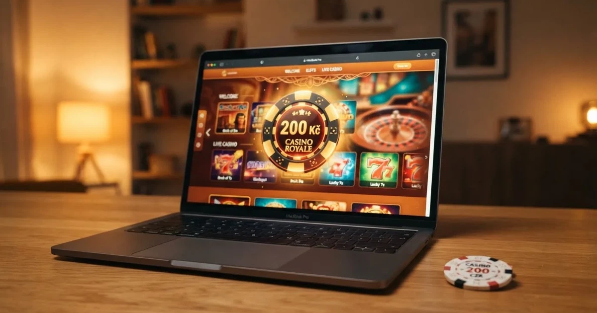 Online casino na obrazovce notebooku s českou korunou a částkou 200 Kč