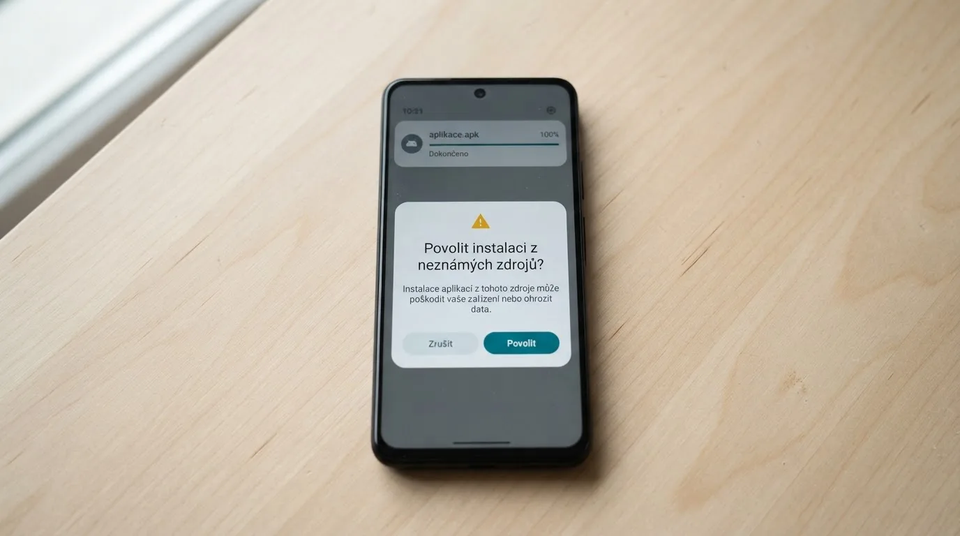 Obrazovka Android telefonu s dialogem „Povolit instalaci z neznámých zdrojů“ a staženým APK souborem casino aplikace