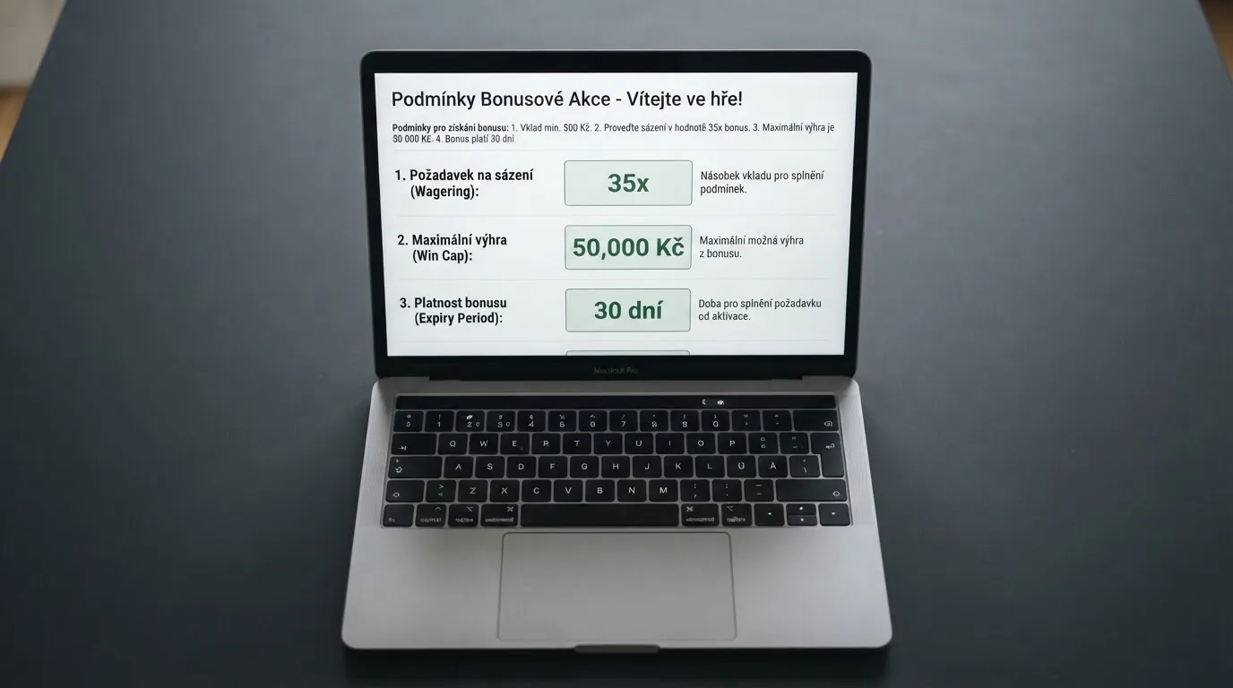 Detail podmínek bonusu na obrazovce — rozepsaný wagering, win cap a doba platnosti zvýrazněné v textu