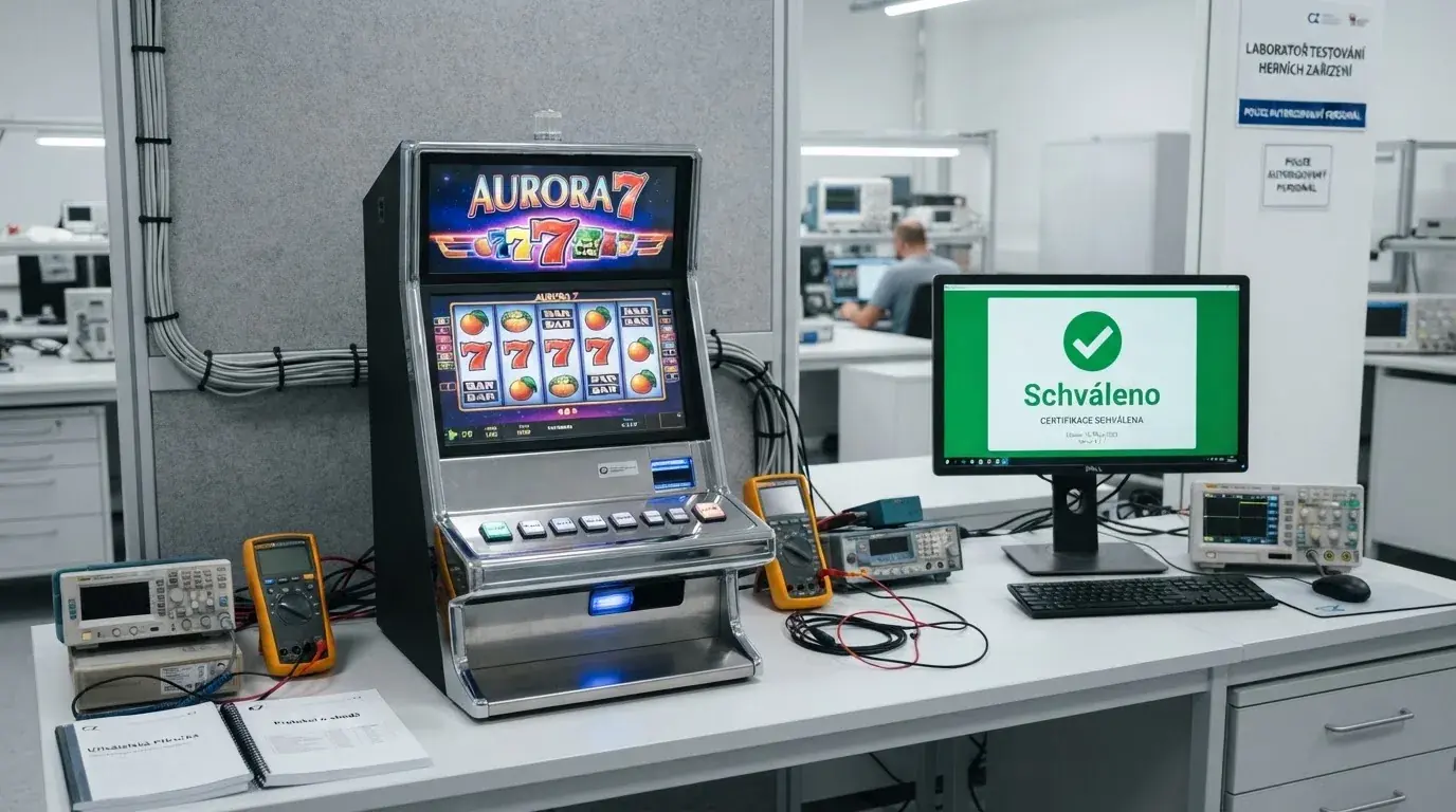 Schéma procesu certifikace výherního automatu od laboratoře po schválení MF ČR
