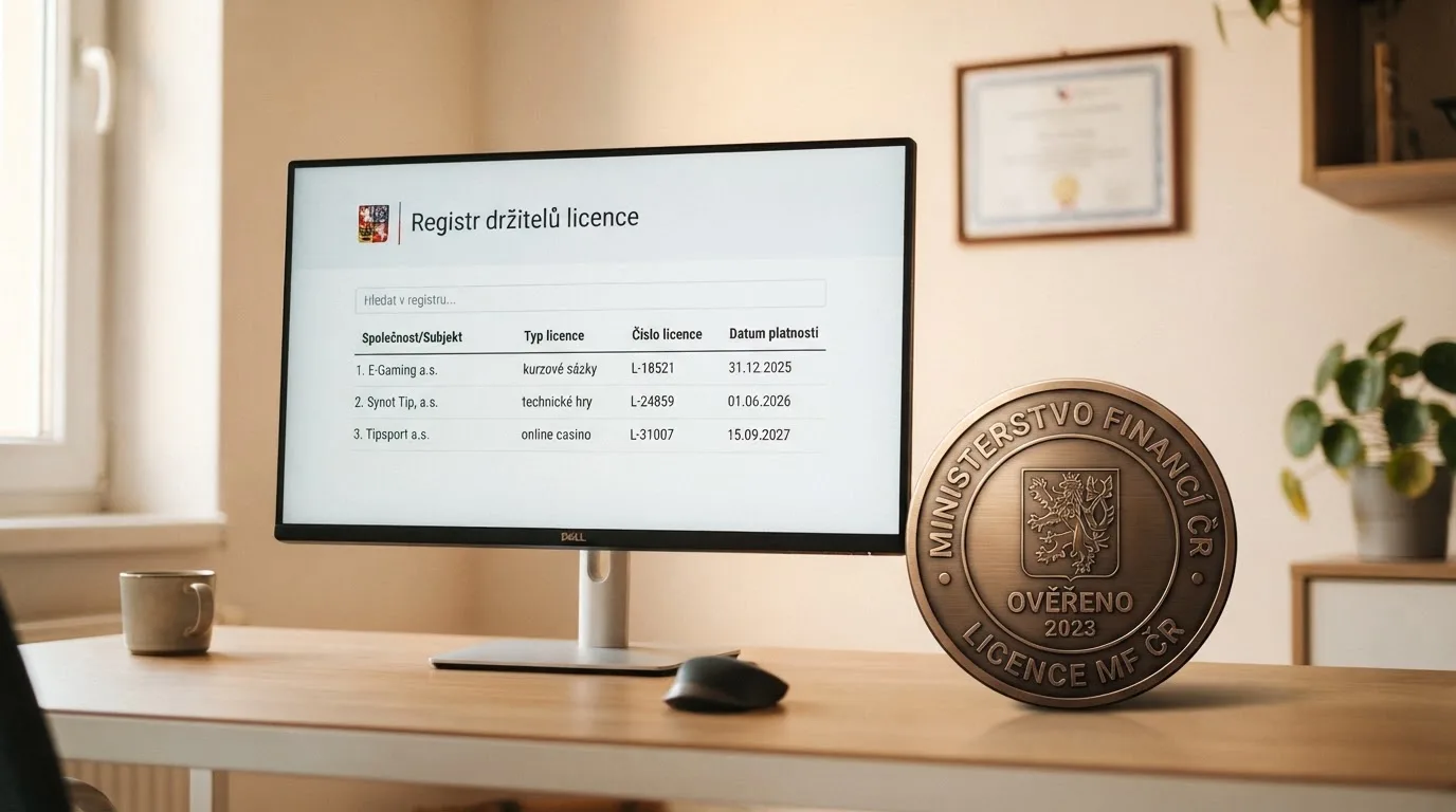 Výřez z veřejného registru Ministerstva financí na monitoru, vedle něj pečeť s nápisem „licence MF ČR“ a logo Celní správy ČR