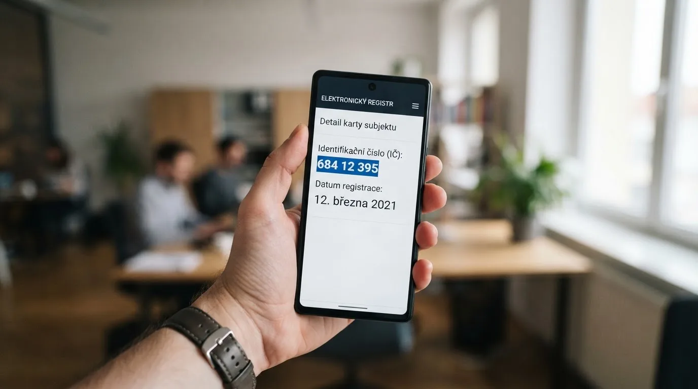 Detail ověření licence v registru Ministerstva financí na displeji telefonu — zvýrazněné IČO provozovatele a datum vydání licence