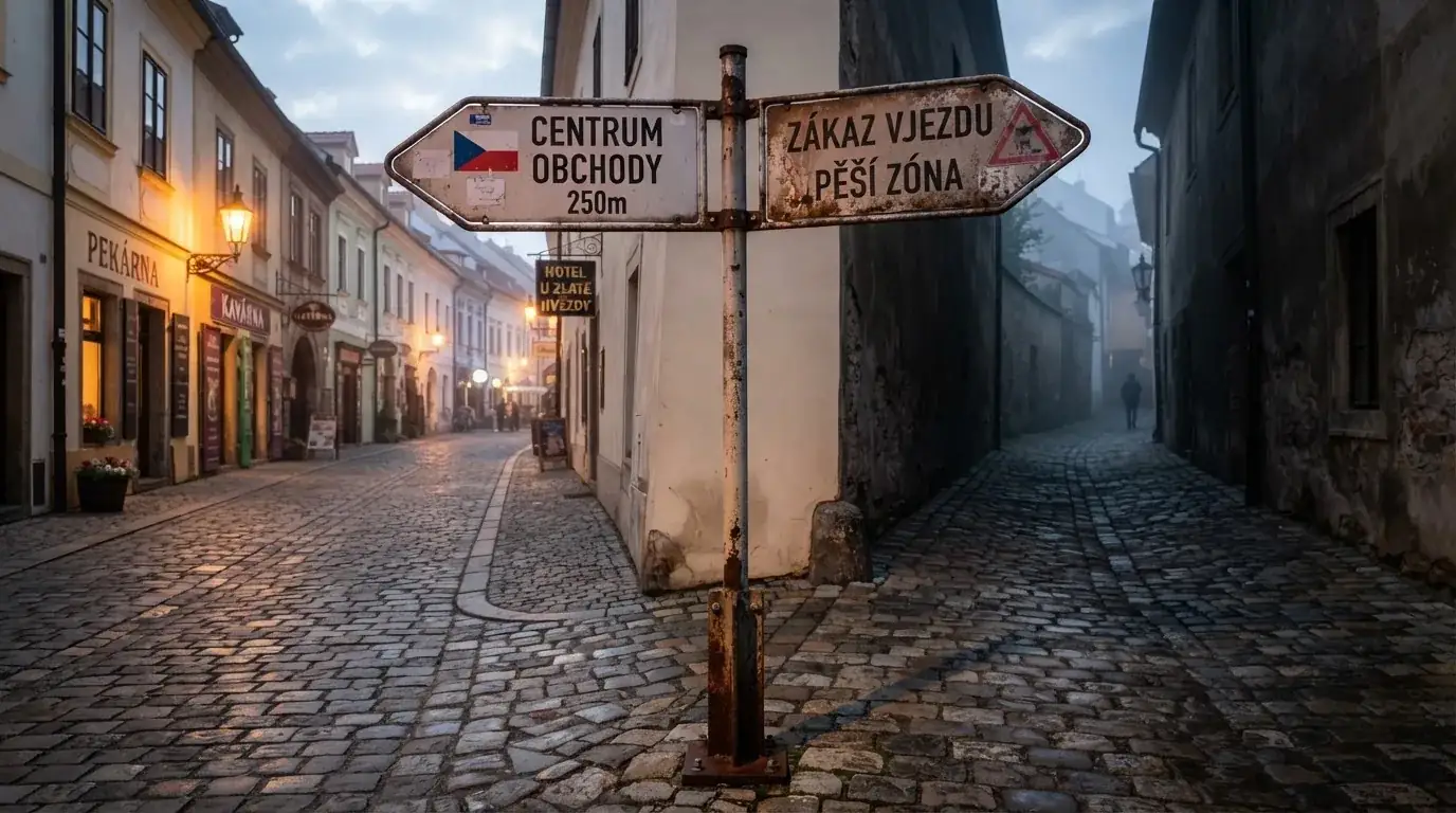 Rozcestník se dvěma směry — vlevo česká vlajka a razítko MF ČR, vpravo varovný symbol s nápisem Curaçao