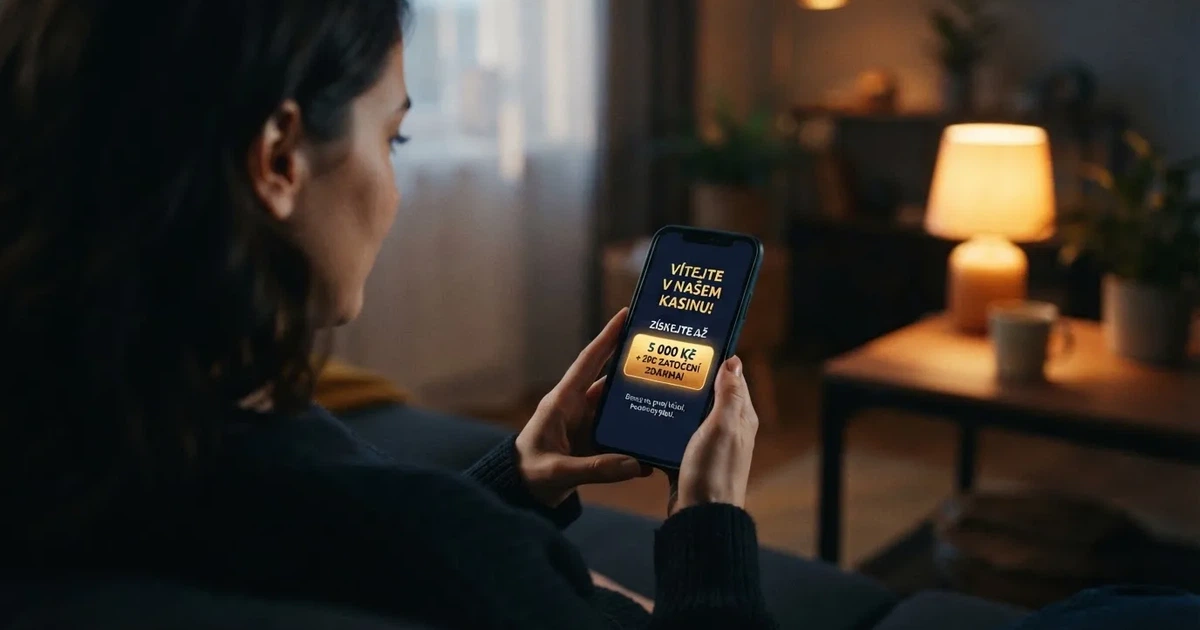 Hráč si na mobilu prohlíží nabídku bonusu bez vkladu v online casinu, na obrazovce je vidět tlačítko „získat bonus“