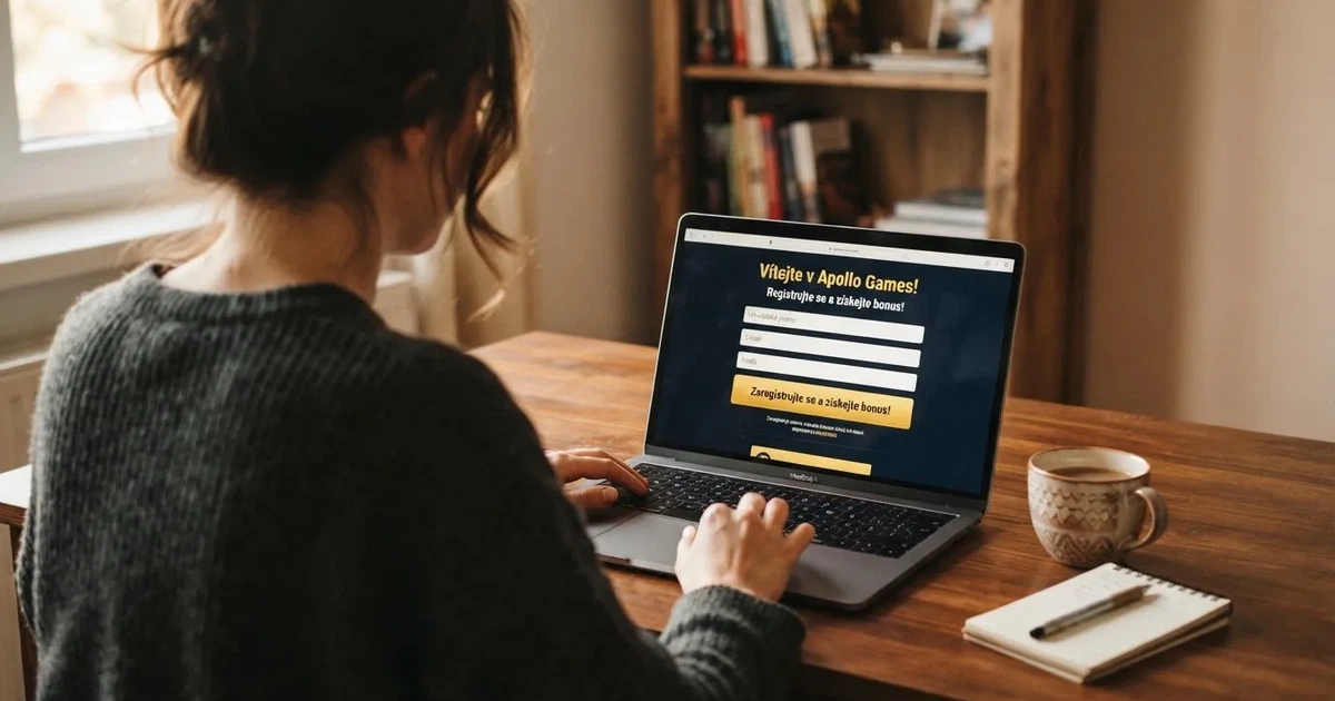 Hráč u notebooku si prohlíží nabídku registračních bonusů na webu českého online casina, na obrazovce je vidět tlačítko s nápisem „Zaregistrujte se a získejte bonus“