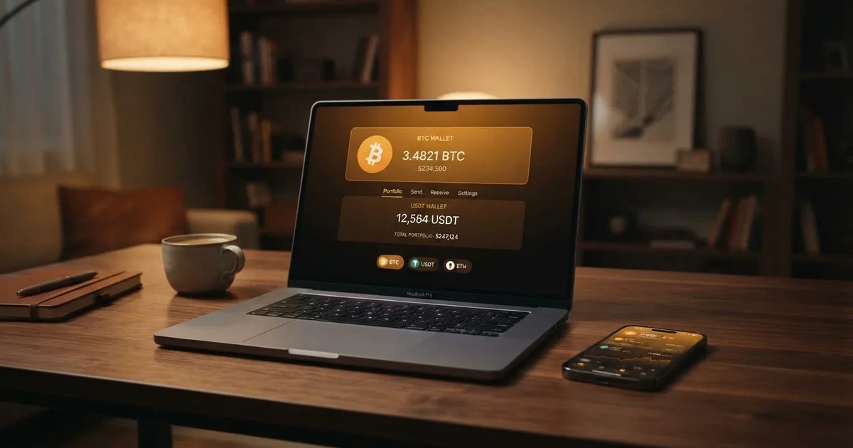 Rozhraní krypto casina s viditelnou kryptoměnovou peněženkou, zobrazující zůstatek v BTC a USDT, na obrazovce vedle mobilního telefonu s otevřenou aplikací peněženky
