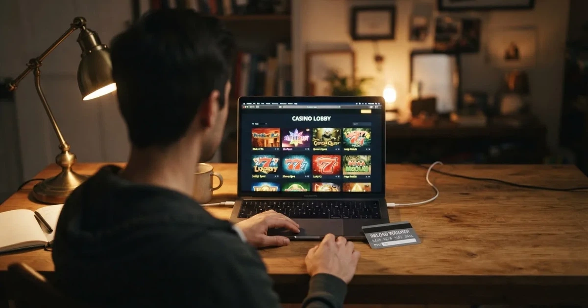 Hráč u notebooku vybírá online casino, vedle leží paysafecard kupón s 16místným PIN kódem.