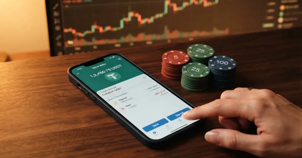 Chytrý telefon s otevřenou peněženkou Tether (USDT) a kasinovými žetony na displeji, na pozadí krypto graf