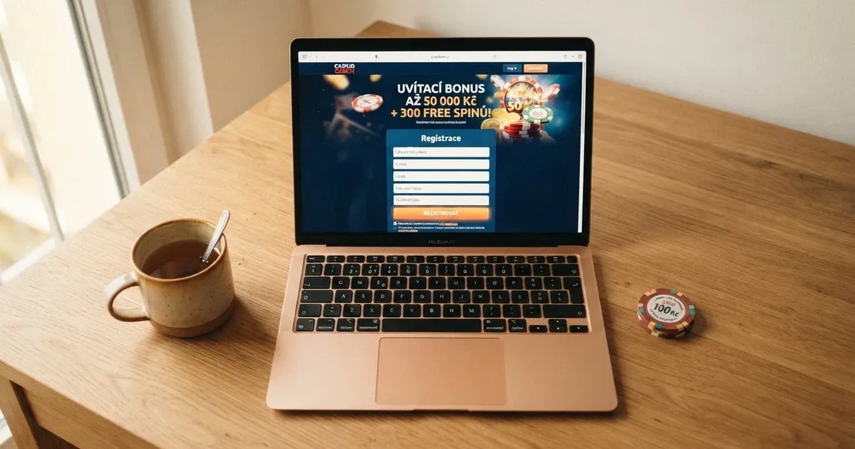 Registrační formulář online casina s uvítací nabídkou bonusu na obrazovce počítače, vedle leží český občanský průkaz