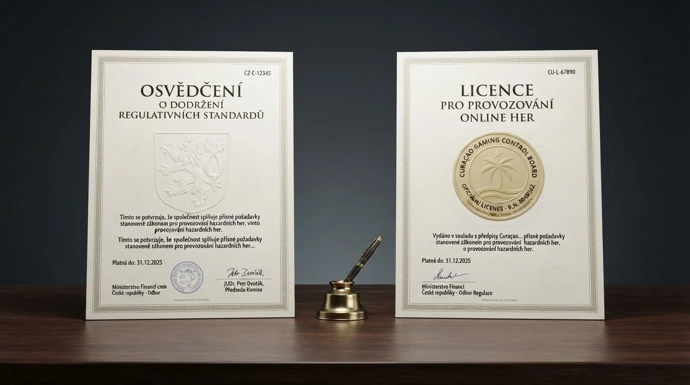 Dokumenty a pečetě — licence Ministerstva financí ČR vedle certifikátu Curaçao Gaming Control Board