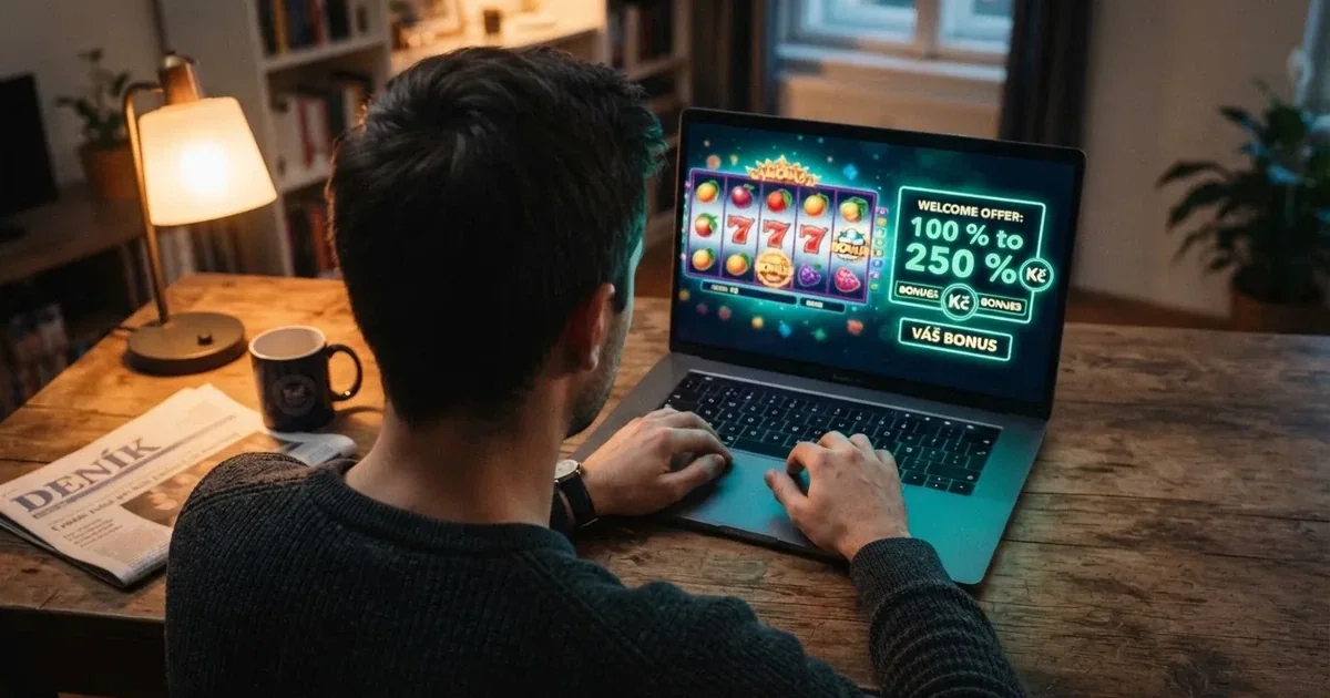 Hráč u online automatu s uvítacím bonusem zobrazeným na obrazovce počítače