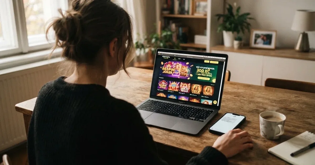 České online casino na obrazovce notebooku, vedle něj mobil s potvrzovací SMS zprávou — scéna registrace a ověření identity