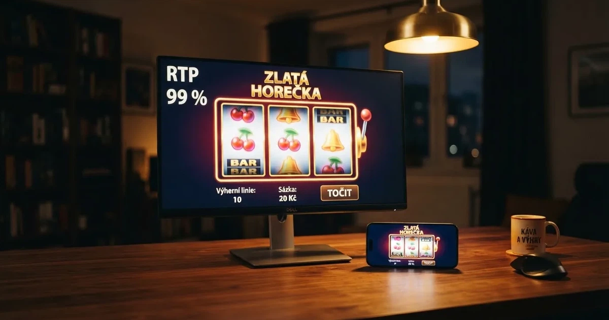 Herní automat s vysokým RTP zobrazený na monitoru a mobilu, vedle něj česká licence a procentuální ukazatel RTP nad 98 %.