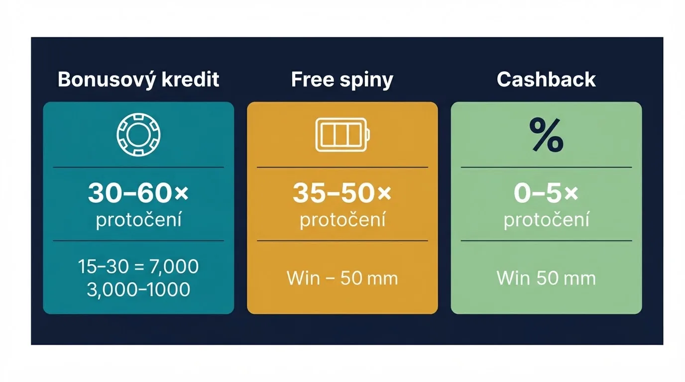 Přehledné srovnání tří typů bonusů bez vkladu — kredit, free spiny a cashback — s vyznačenými podmínkami protočení