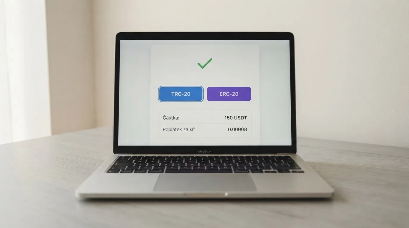 Obrazovka s potvrzením USDT transakce na blockchainu, vedle logo sítí TRC-20 a ERC-20