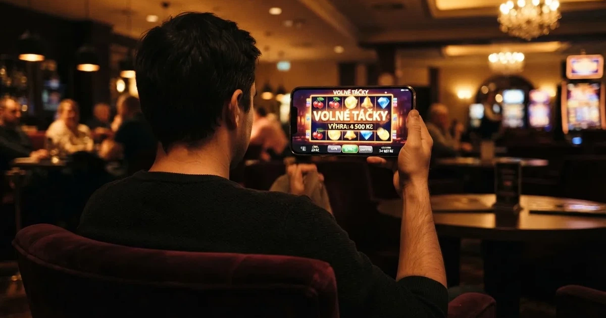 Hráč u mobilu, na displeji roztočený výherní automat s nápisem „Free Spins“, v pozadí tmavé casino lobby