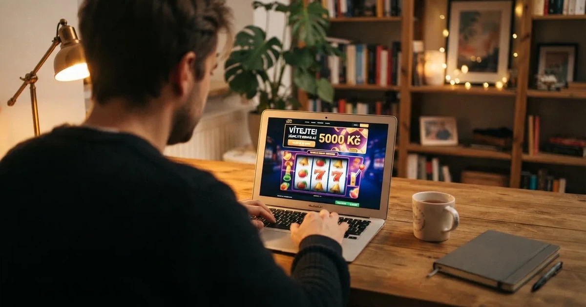 Hráč u notebooku si prohlíží nabídku bonusů bez vkladu na obrazovce online casina s českou licencí