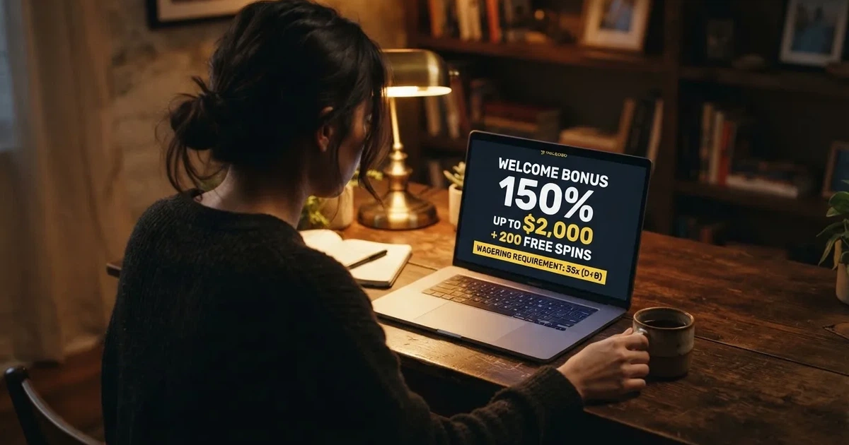 Hráč u notebooku si prohlíží nabídku uvítacích bonusů v online casinu